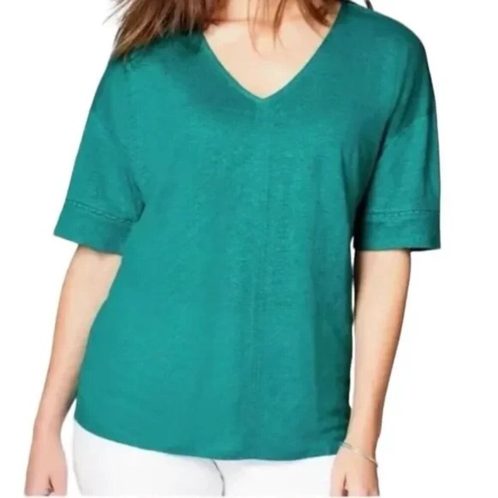 J. Jill Love Linen Teal 100% Linen V-Neck Boho Oversized T- shirt Size LP